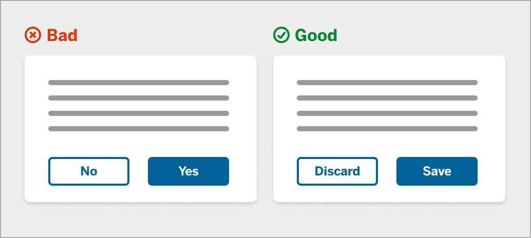 Two modals that compare buttons to save changes. Use the words “Save” and “Discard” instead of “Yes” and “No” in buttons.