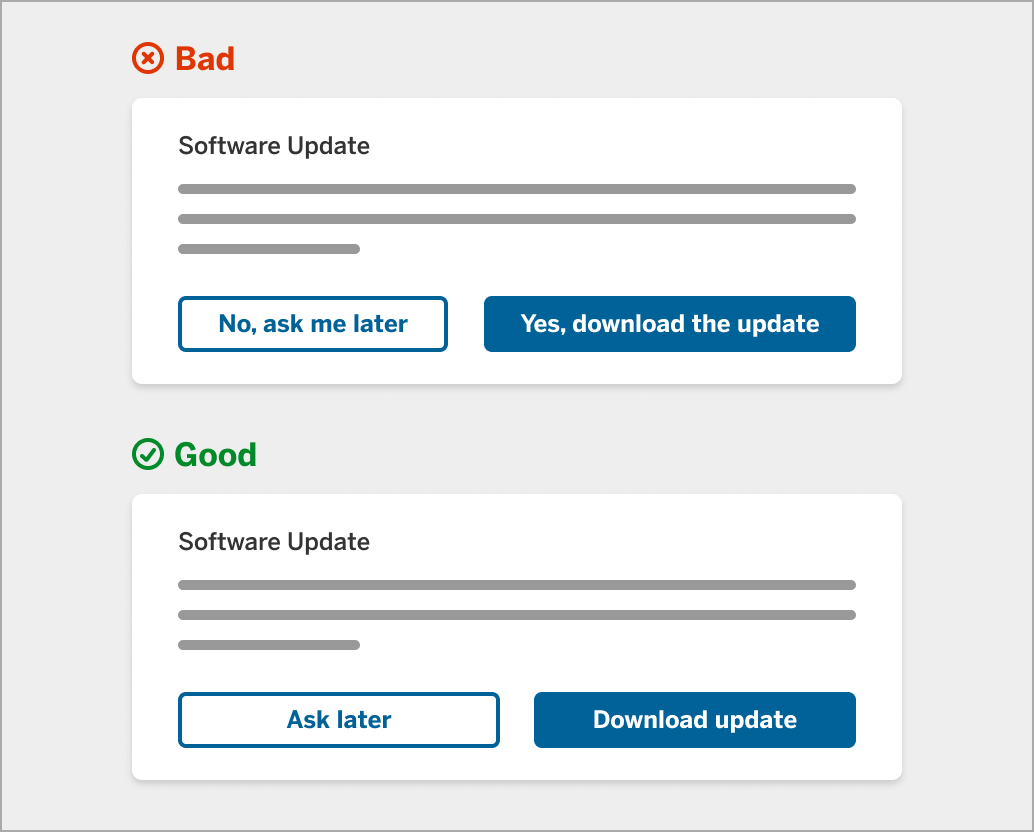Two modals that compare options to download updates. Use “Download update” instead of “Yes, download the update now.”