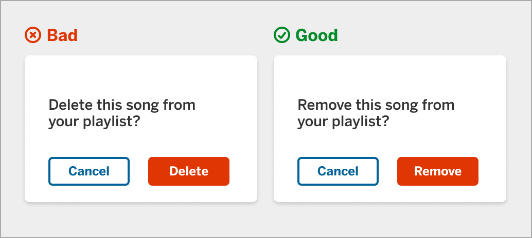 Two modals that compare buttons to remove a song from a playlist. Use the word “Remove” instead of “Delete.”