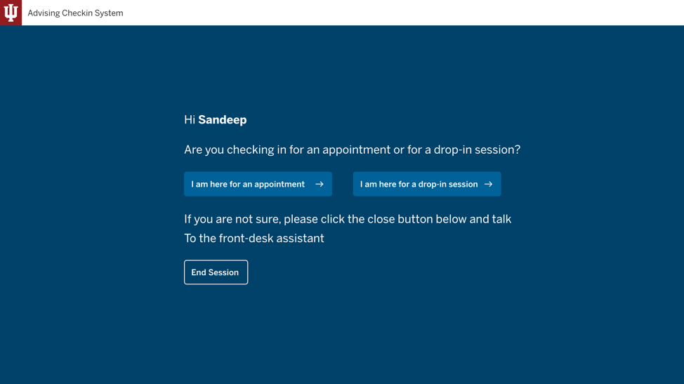 A personalized greeting (“Hi, Sandeep”) appears above buttons for selecting an appointment or drop-in sessions.