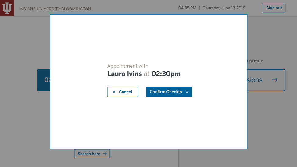 A modal contains the text “Appointment with Laura Ivens at 2:30pm,” with two buttons to cancel or confirm check-in.