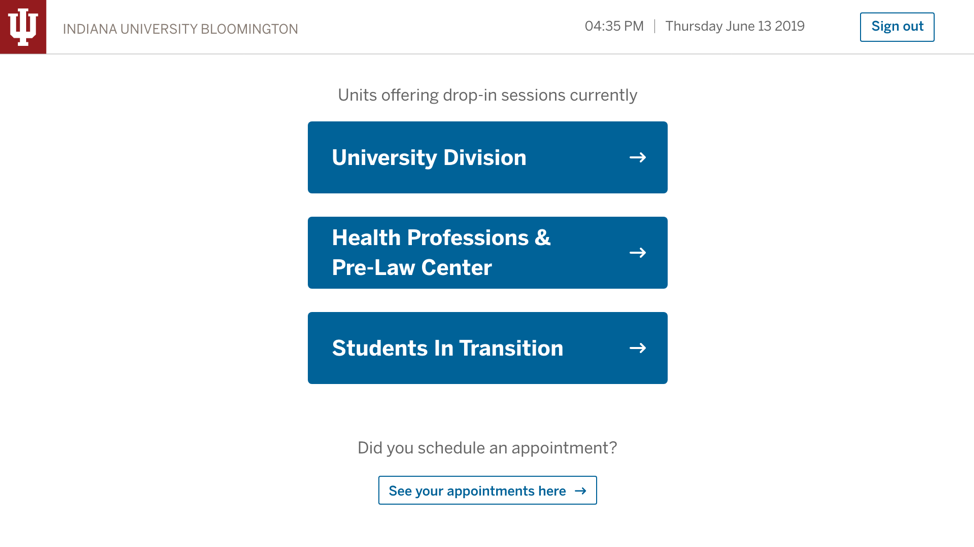 Three buttons show the units that are currently offering drop-in sessions: University Division, Health and Pre-Law, and Students in Transition.
