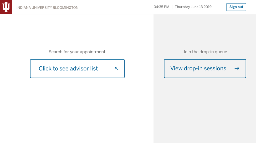 Two secondary buttons are prominent on the page. One says “Click to see advisor list,” and the other says “View drop-in sessions.”