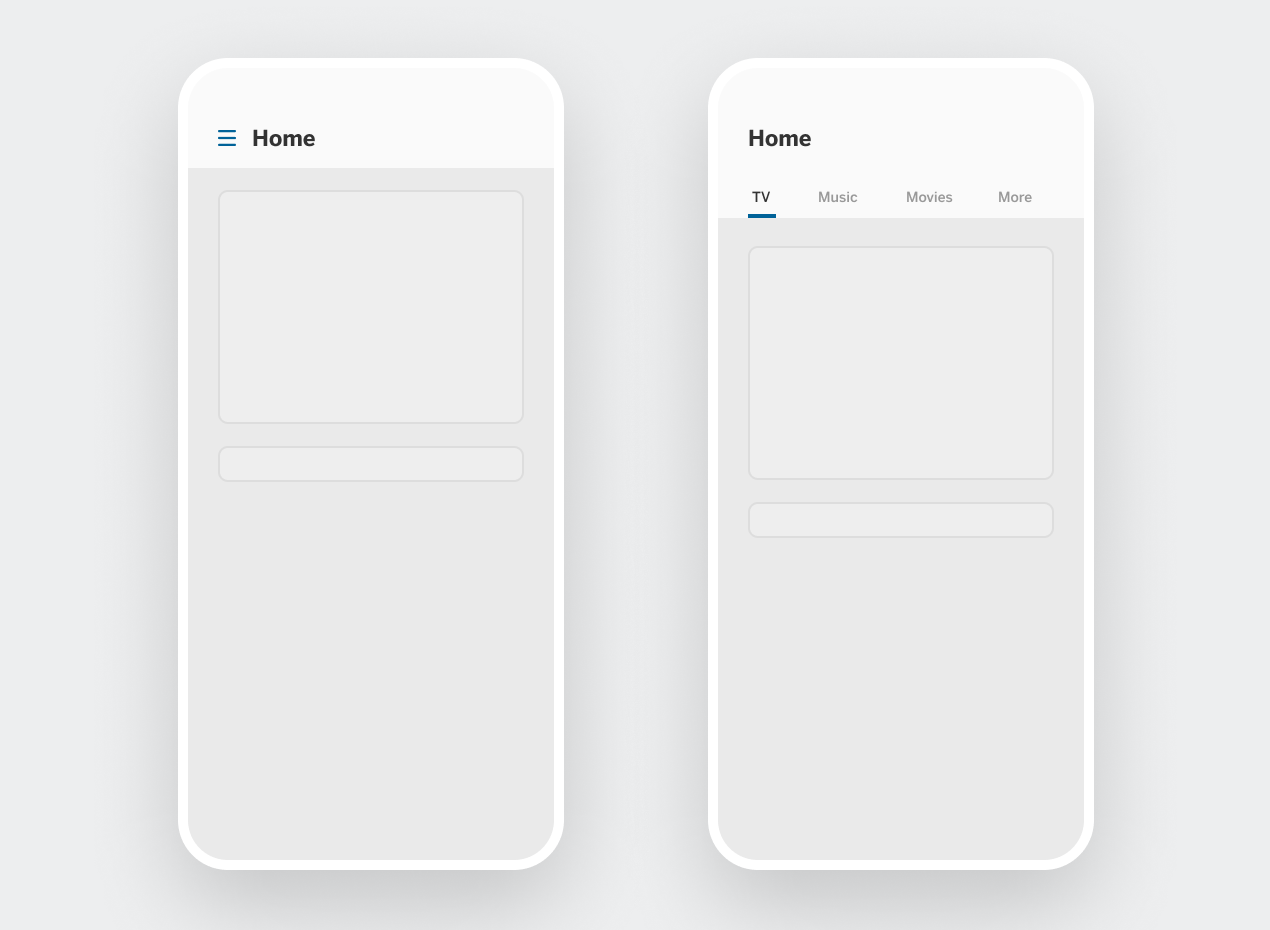 Two mobile screen mockups side by side. One shows a menu button in the header. The other shows a top navigation bar with different options.